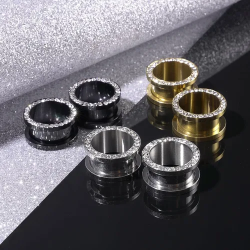 Vista 6 de YOFANST 6pcs Double Flare Stainless Steel Ear Plugs Tunnels with Zircon Ear Gauges Stretcher Body Piercing Jewelry for Women Men 8g-916