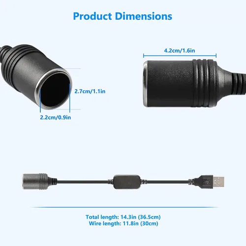 Vista 7 de Cable de alimentación USB A macho a 12 V 8 W, adaptador de enchufe para encendedor de cigarrillos de automóvil, cable convertidor de enchufe