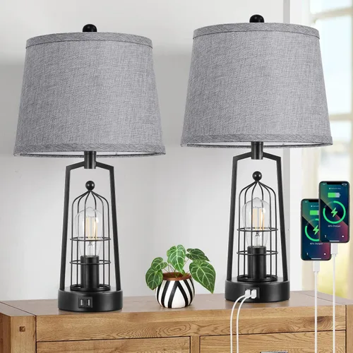 Vista 10 de Lámparas de mesa de granja con 2 puertos USB, juego de 2 lámparas de escritorio industriales rústicas para sala de estar, lámpara de noche negra