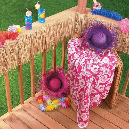 Vista 2 de Falda Tiki Bar Raffia Fringe - Thatch, 1 paquete, 24 pies de largo, Paquete de 10, Beige