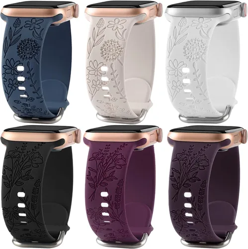 Vista 11 de Paquete de 6 correas de silicona grabadas con estampado floral compatibles con Apple Watch de 1.575 in 1.614 in 1.496 in 1.654 in 1.732 in 1.772 in
