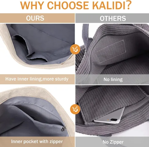 Vista 7 de KALIDI Bolso de mano de pana, bolso grande tipo mensajero para hombro, antisalpicaduras, bolsa cruzada con cremallera, casual, trabajo, compras