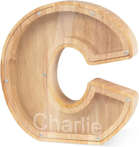 Vista 30 de Alcancía con nombre personalizado, 26 letras láser con texto personalizado, banco de monedas de madera, significado educativo, alcancía con nombre