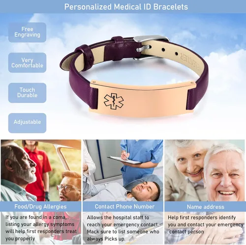 Vista 11 de MPRAINBOW Pulsera de alerta médica personalizada para mujer, correa de reloj de cuero genuino, grabado de doble cara, diabetes, epilepsia, joyería