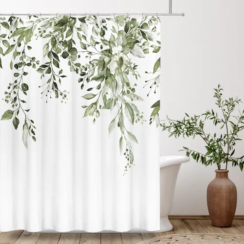 Vista 40 de Tititex - Juego de cortinas de ducha de eucalipto negro, hojas de acuarela gris en la parte superior, con decoración floral de baño, 60 x 72