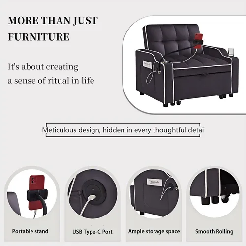 Vista 3 de Sofá cama extraíble pequeño de 69 pulgadas, sofá cama convertible 3 en 1, respaldo ajustable con soporte para teléfono, bolsillo lateral y puerto