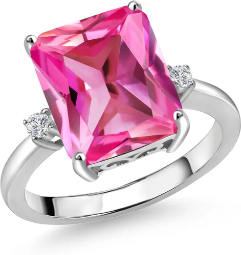 Vista 13 de Gem Stone King 5-7 Cttw Gemstone Birthstone and White Lab Grown Diamond 3-Stone Engagement Ring 925 Sterling Silver Center Emerald Cut 12X10MM