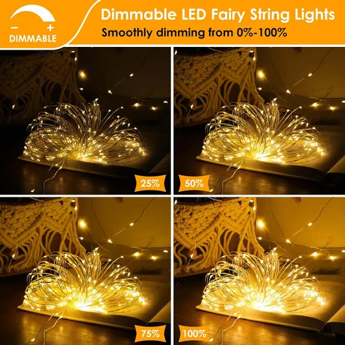 Vista 2 de Mlambert Paquete de 3 luces de hadas de 33 pies, funciona con pilas con control remoto y temporizador, impermeable, regulable, 8 modos, 100 luces