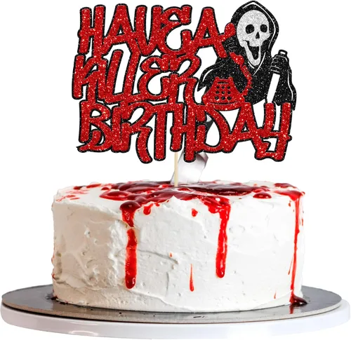Vista 24 de Gyufise 1 pieza de decoración de pastel de cumpleaños con purpurina montada de terror clásico de Halloween para temática de terror sangriento