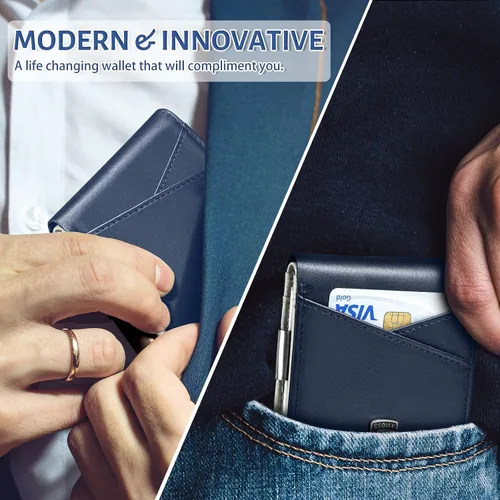 Vista 20 de GSOIAX Cartera delgada de cuero plegable RFID para hombre, billetera minimalista con bolsillo frontal con clip para dinero, 12 ranuras para Negro