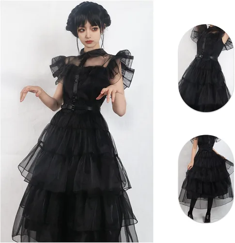 Vista 2 de Disfraz de Miércoles Familiar para mujer, estilo gótico, vintage, negro, vestido de baile de cuervo negro, falda de encaje de tul, traje de fiesta