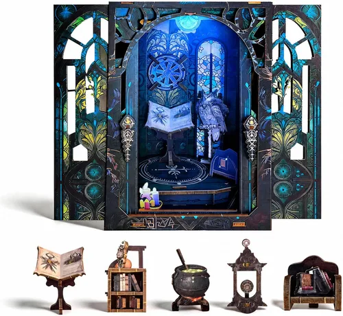 Vista 11 de Kit de rincón de libros, casa en miniatura con luces LED, rompecabezas de madera 3D para adultos, kit de construcción de mini casa de muñecas