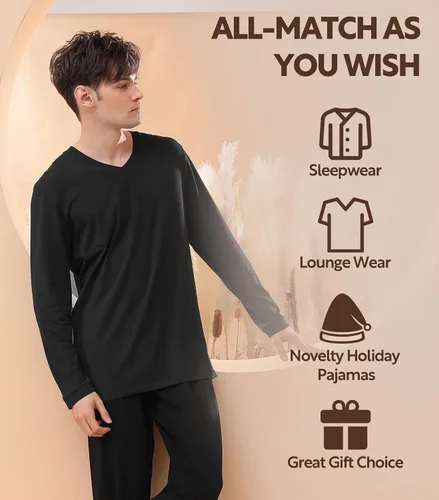 Vista 5 de DAVID ARCHY Conjunto de pijama para hombre, de algodón suave, de manga larga, cómodo, con bolsillos