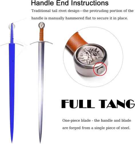 Vista 5 de Espada medieval occidental del Rey Arturo de 49"/41.5" con funda de cuero afilada, espada de doble mano larga de acero de carbono real, espada