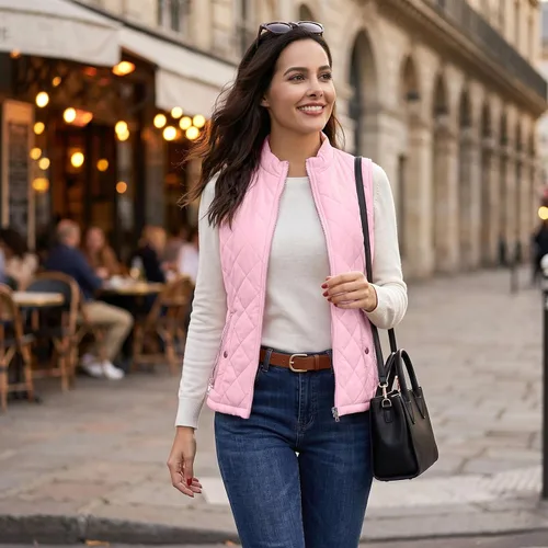 Vista 3 de LONGKING Chaleco de mujer, cuello alto, ligero, con cremallera, acolchado para mujer Rosa
