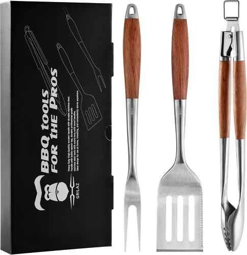 Vista 13 de Grilaz Juego de herramientas para barbacoa de acero inoxidable Mangos de madera teñida oscura Accesorios de parrilla para trabajo pesado Juego