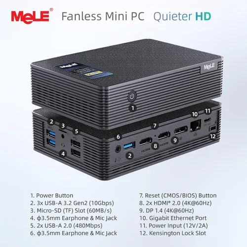 Vista 7 de MeLE QuieterHD3 N150 Mini PC sin ventilador 8 GB RAM DDR4 256 GB de grado