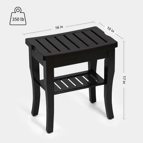 Vista 2 de Banco de ducha de bambú, taburete de ducha pequeño de spa para ducha interior, impermeable, asiento de baño con estante de almacenamiento para Negro