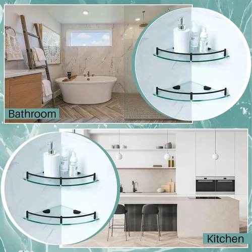 Vista 7 de Crowye 2 Piezas Estante Esquinero de Ducha de 2 Niveles Estante Esquinero de Vidrio Acero Inoxidable Montado en la Pared Organizador de Baño