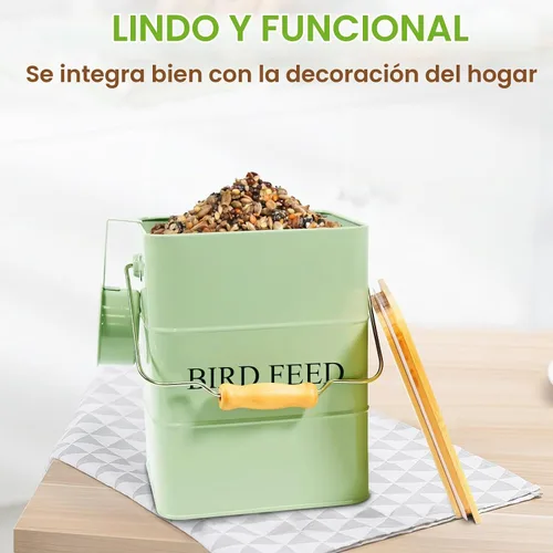 Vista 5 de Contenedor de almacenamiento de semillas de pájaro de metal, recipiente para pájaros al aire libre, contenedor de comida para mascotas con tapa