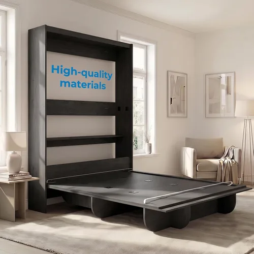 Vista 4 de Mjkone Cama Murphy de pared tamaño Queen con estante de almacenamiento Negro