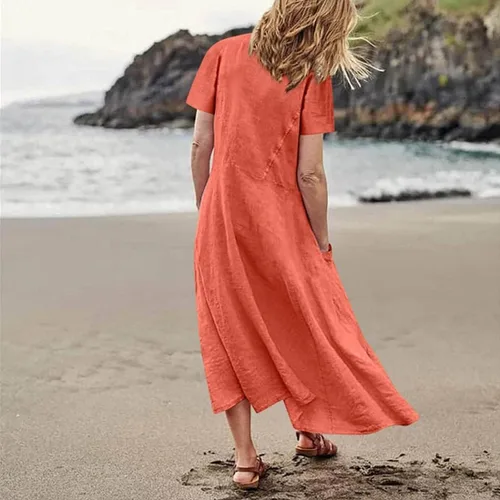 Vista 2 de Ceboyel Vestido largo de lino y algodón para mujer, de manga corta, con botones, holgado, ajustado, con vuelo, ropa de verano
