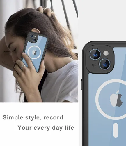 Vista 7 de Funda impermeable para iPhone 14, a prueba de golpes, a prueba de polvo, protector de pantalla integrado, anillo magnético negro
