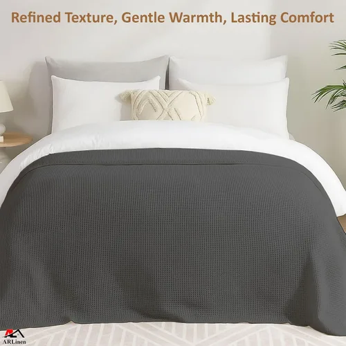 Vista 4 de Manta de cama de gofres, 100% algodón, suave, ligera, transpirable, manta térmica para todas las estaciones, tamaño matrimonial, gris oscuro