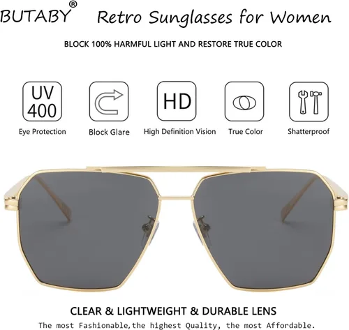 Vista 4 de BUTABY Lentes de sol retro para mujeres y hombres, vintage, de gran tamaño, cuadrados, clásicos, polarizados, marco de metal, UV400