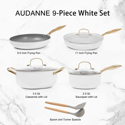 Vista 4 de AUDANNE Juego de 9 ollas y sartenes antiadherentes, utensilios de cocina antiadherentes, sartenes de cocina incluyen sartén con tapa, cacerola