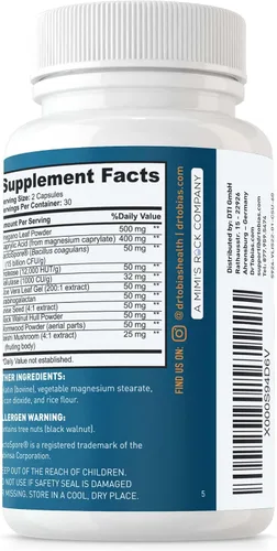 Vista 9 de Dr. Tobias Candida Support, complejo de equilibrio de flora intestinal con orégano, ácido caprílico, enzimas y probióticos, apoya la limpieza