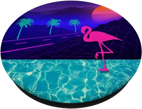 Vista 2 de Vaporwave Flamingo Sunset Palm Pool Retrowave Synthwave - PopSockets Grip and Stand para teléfonos y tabletas