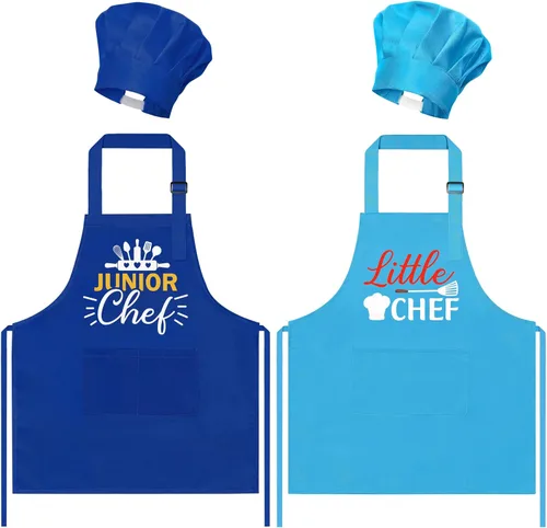 Vista 8 de Juego de 4 delantales y sombrero de chef para niños, regalo para niñas y niños, con palabras del alfabeto de animales, delantales ajustables
