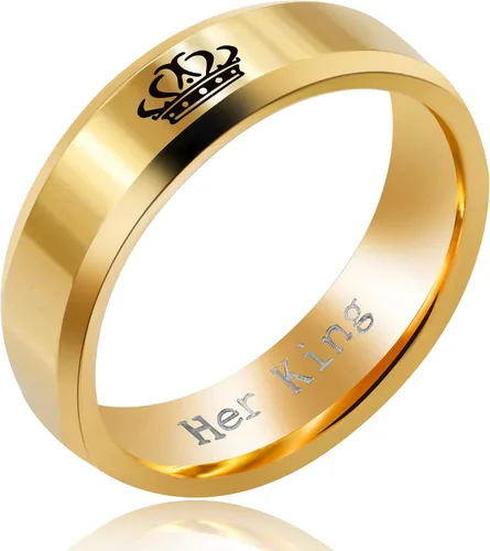 Vista 3 de Uloveido - Juego de 2 anillos para parejas, con grabado her king (el rey de ella) y his queen (la reina de él), hechos de acero de titanio, a juego