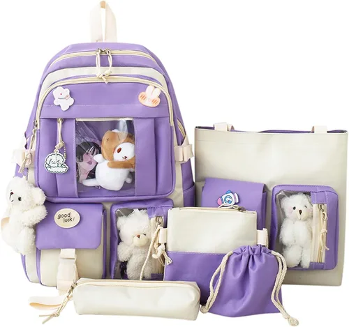 Vista 8 de Mochila escolar estética kawaii, juego de 5 piezas con bonitos pines colgantes de oso, mochila pequeña para laptop, kit esencial Verde