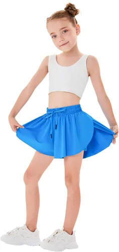 Vista 8 de Paquete de 2 pantalones cortos atléticos fluidos para niñas con bolsillos, diseño de mariposa, correr, entrenamiento, deportes, cintura elástica