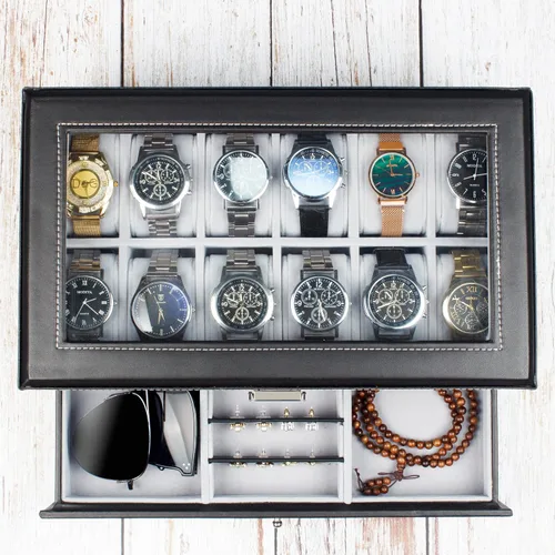 Vista 5 de GUKA Caja de reloj con 12 ranuras, organizador de exhibición de reloj, caja de joyería de cuero, cajón de cristal, cumpleaños para hombres