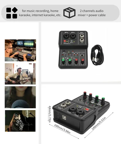 Vista 7 de Mini mezclador de audio, 2 canales USB portátil con tarjeta de sonido en vivo, sistema de consola con alimentación fantasma de 48 V, mezclador DJ