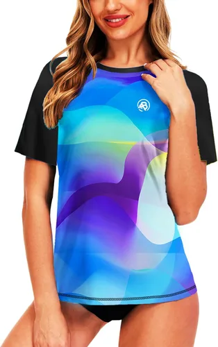 Vista 3 de AOBUTE Camisetas de natación de manga corta para mujer con protección solar degradada