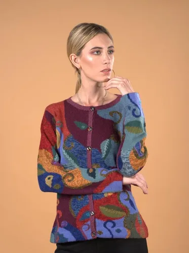 Vista 2 de Cárdigan 100% de alpaca para mujer, bordado, acabado de ganchillo. Tabla de tallas de EE. UU. para un gran ajuste. ISIDRA