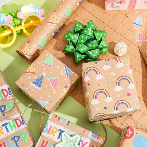 Vista 2 de RUSPEPA Rollos de papel kraft para envolver regalos - Diseño de arcoíris de cumpleaños colorido, total de 4 rollos (30 pulgadas x 10 pies, 4 rollos)