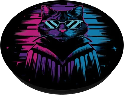 Vista 2 de Vaporwave gato estético synthwave gato cyberpunk gato PopSockets estándar PopGrip