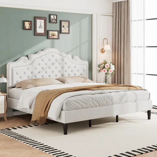 Vista 11 de WEEWAY Base de cama de plataforma de tamaño matrimonial con tiara ajustable de terciopelo, cabecero curvado y alta resistencia, botón tapizado