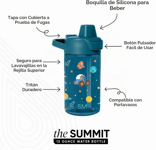 Vista 2 de Simple Modern Blippi - Botella de agua de plástico Tritan Summit de 12 onzas sin BPA con tapa cubierta con popote a prueba de fugas para niños