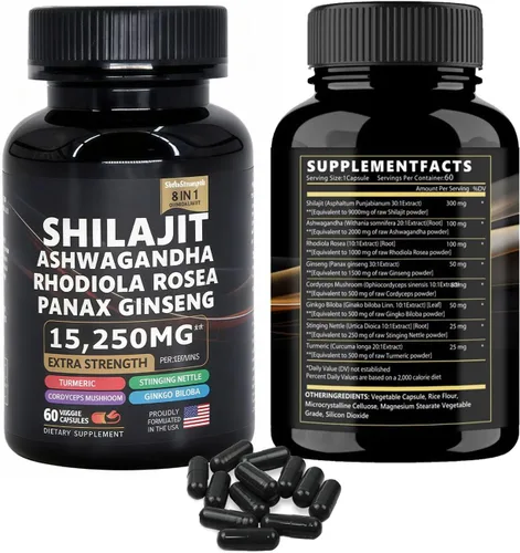 Vista 2 de Suplemento shilajit puro con ashwagandha, ginseng, rhodiola rosea, hongo cordyceps, ginkgo biloba, ortiga picante, cúrcuma, suplemento 8 en 1
