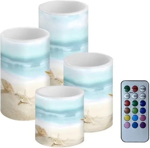 Vista 22 de Velas LED parpadeantes operadas por batería, juego de 4 con control remoto y temporizador, velas de llama danzante, velas de pilar para mesa, Playa