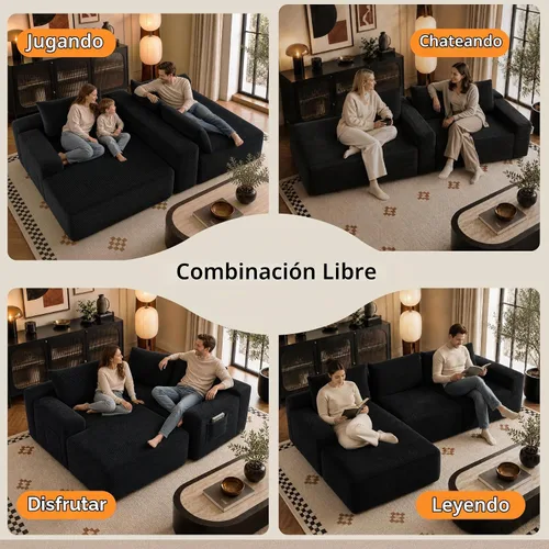 Vista 6 de Sofá seccional negro de 96.9 pulgadas, sofá modular de pana sin hueso con resortes y espuma de alta resistencia, asiento profundo compacto de gran