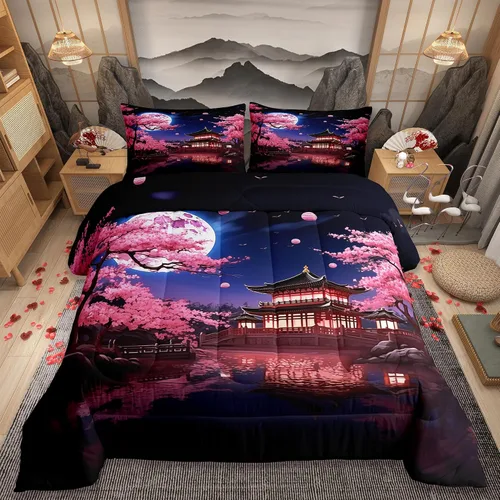 Vista 10 de Castle Fairy Juego de edredón con diseño de gato lindo para niños, tamaño twin, juego de ropa de cama con hojas de flores, luna, noche y cielo