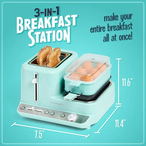 Vista 2 de Estación de desayuno 3-en-1 clásica retro de Nostalgia - Incluye vaporera para huevos y verduras, plancha antiadherente y tostador de 2 ranuras