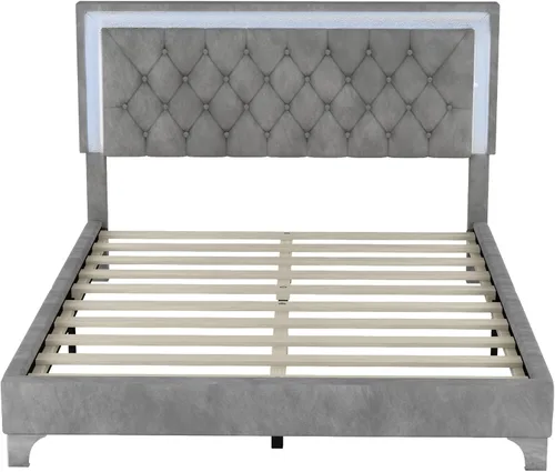 Vista 7 de Linique Base de cama tapizada tamaño Queen con luces LED, cama moderna de plataforma de terciopelo de madera con cabecera capitonada con botones